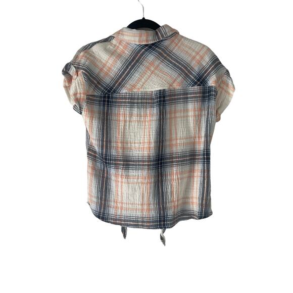 Sanctuary Women's Size Small Blue Pink Plaid Button Up Gauze Short Sleeve Tie - Picture 7 of 9
